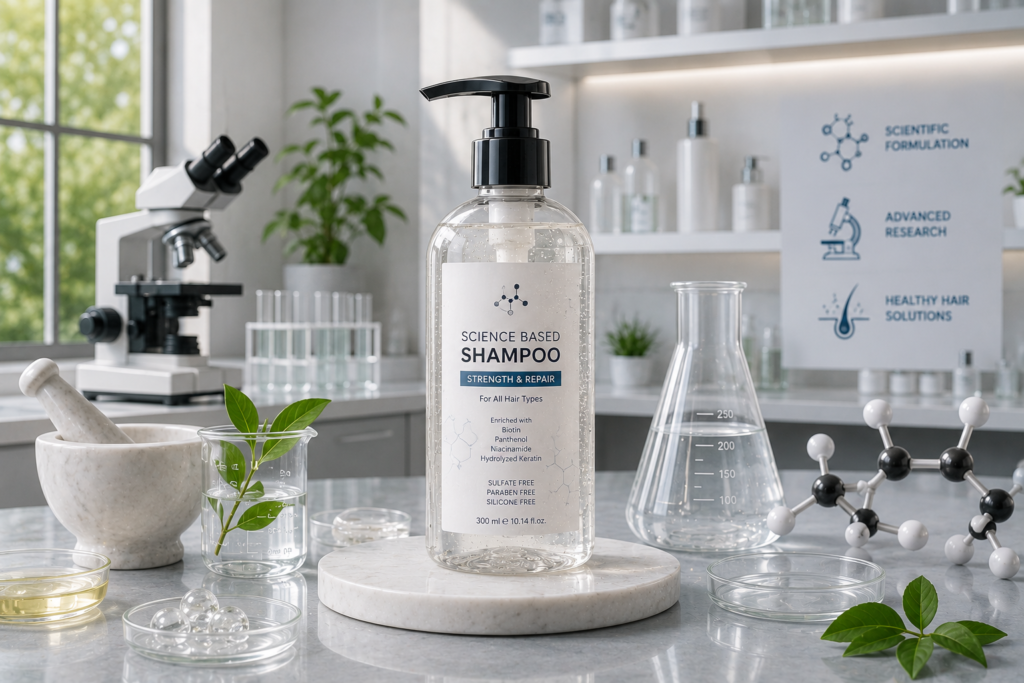 Transparent shampoo bottle in a modern laboratory representing a premium Shampoo Manufacturer in India developing high-quality haircare products.