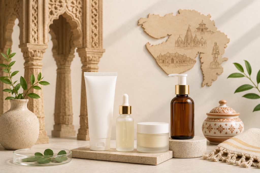 Skincare products representing a skincare manufacturing company in Gujarat with Gujarat-inspired architectural elements and cosmetic packaging.